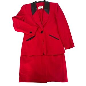 Kasper for ASL Red Wool Skirt Suit Set 6 Vintage Black Leather Trim Blazer Skirt